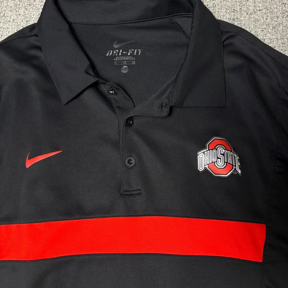 Nike Polo Shirt Mens XL Black Ohio State Buckeyes Dri-FIT Red Stripe Athletic